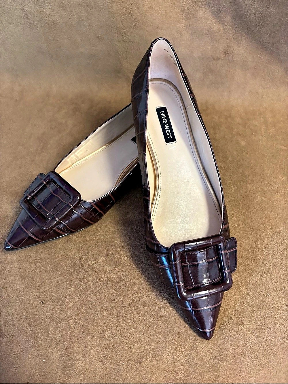 Nine West Jesike Buckle Pointed Toe Flat Flats in Brown